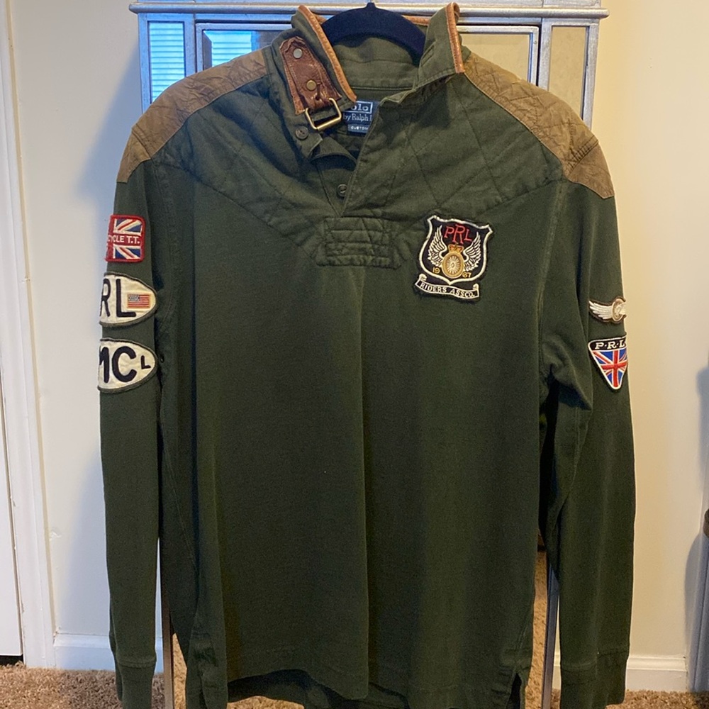 Ralph Lauren Polo motorcycle club men’s RARE patch olive army green shirt Large